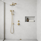 SolidStyle Fife light grey textured waterproof wall panel in a shower room with brass shower set