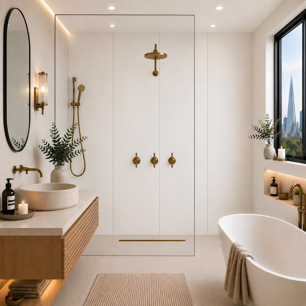 SolidStyle Matt White waterproof wall panel in a bright bathroom with round mirror and vanity