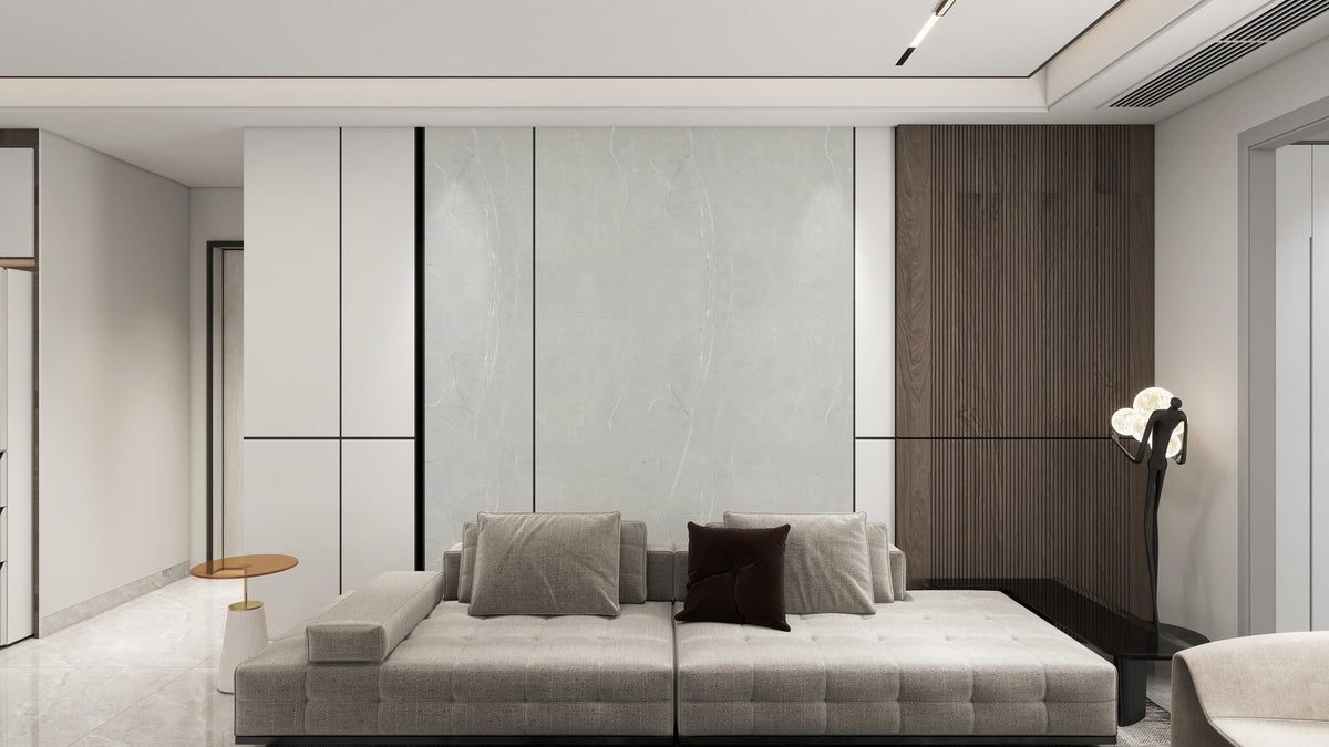 SolidStyle Perth pale grey marble effect waterproof wall panel in a living room