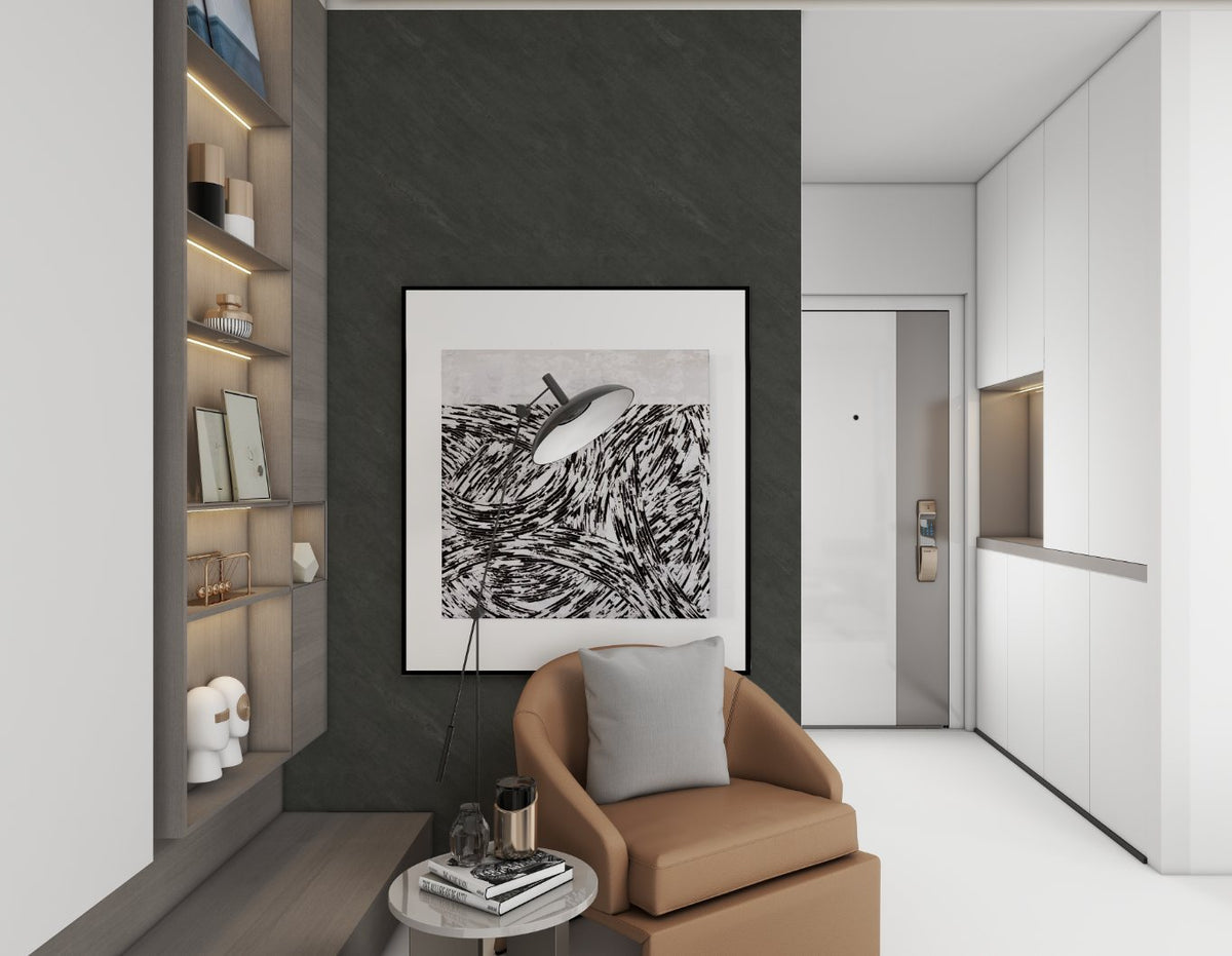 SolidStyle Stone Carbon dark slate effect waterproof wall panel as a living room feature wall
