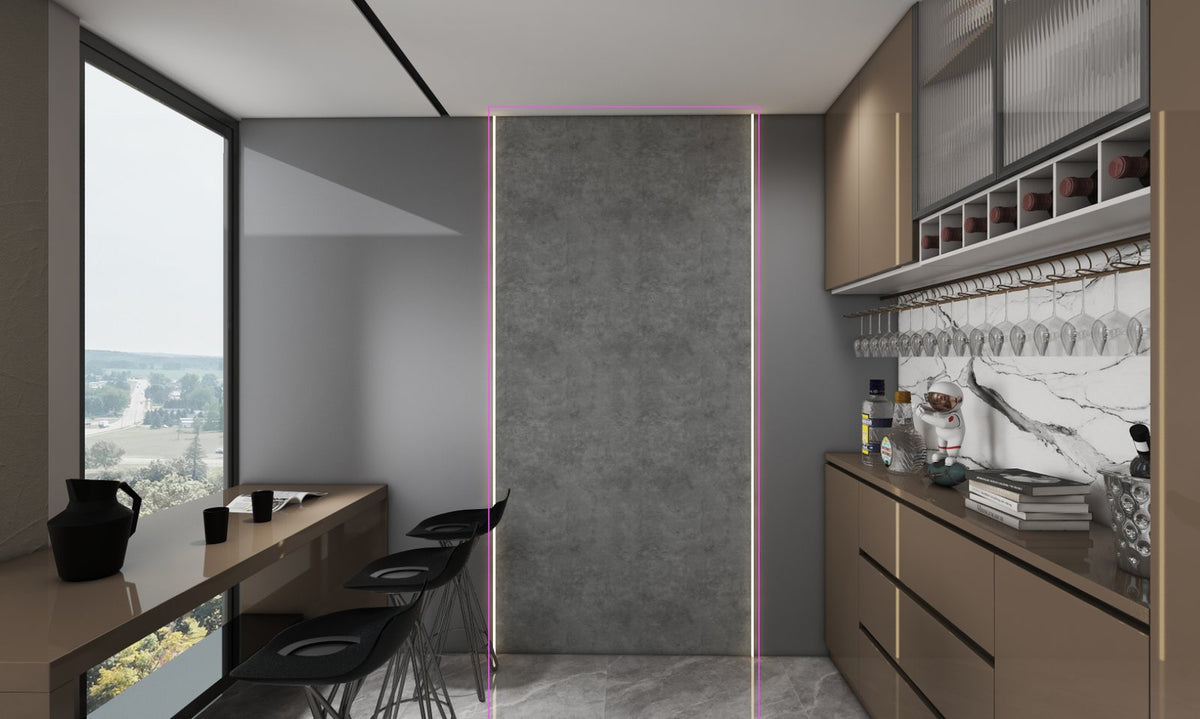 SolidStyle Stone Grey stone effect waterproof wall panel in a kitchen and dining area
