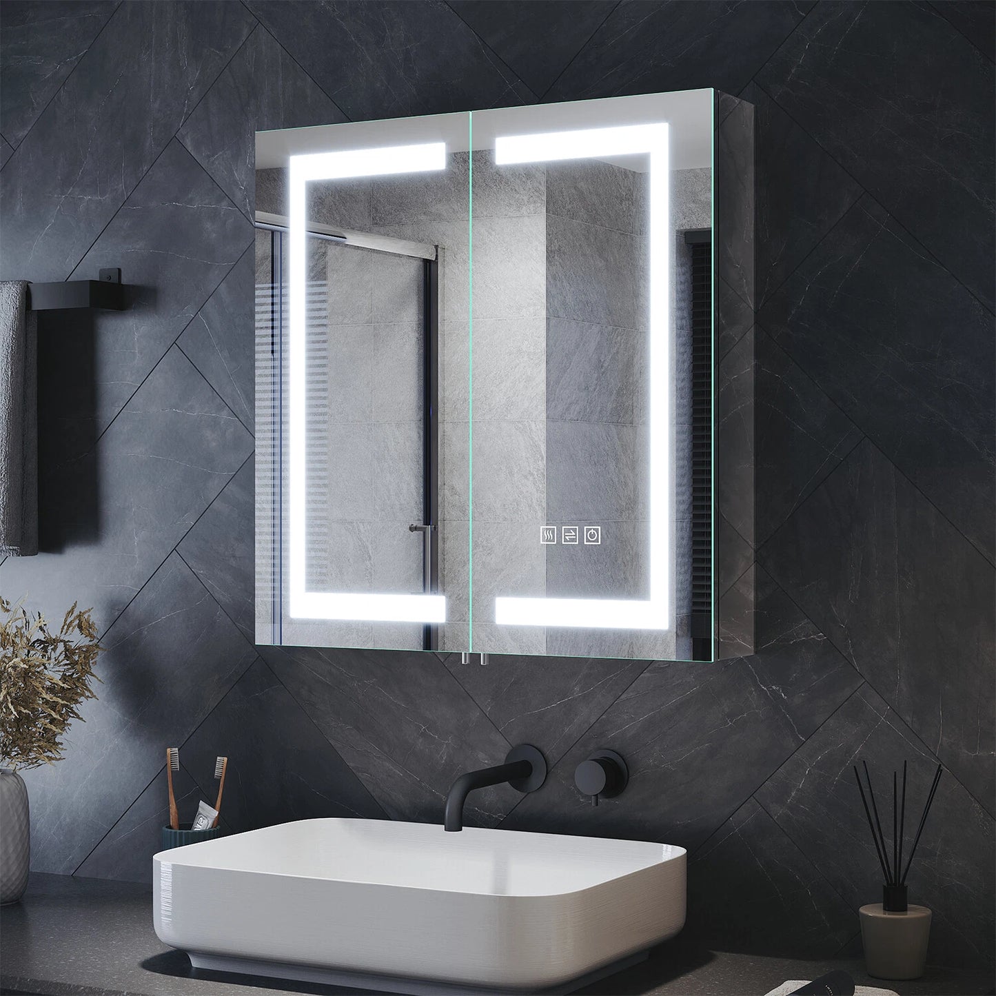 630mm Double Door LED Mirror cabinet  Shaver Socket Anti Fog Horizontal