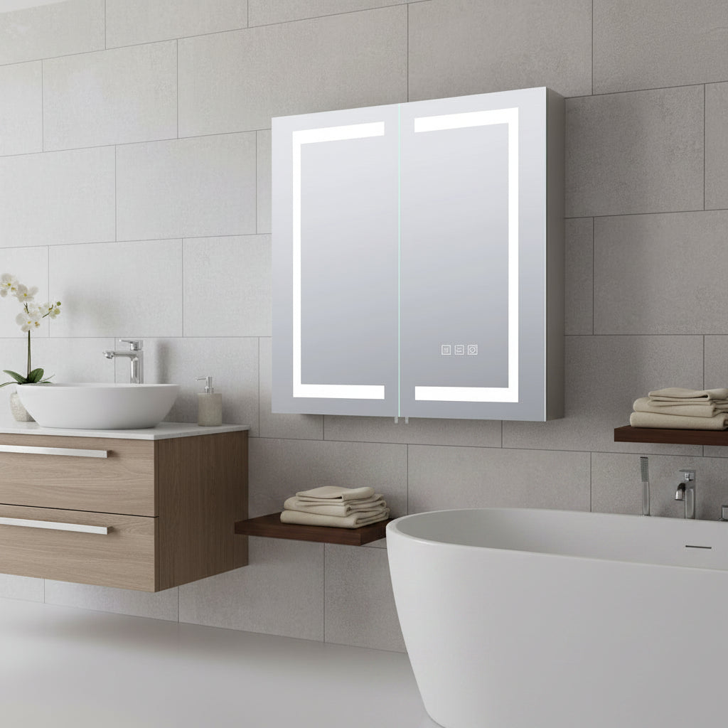 630mm Double Door LED Mirror cabinet  Shaver Socket Anti Fog Horizontal