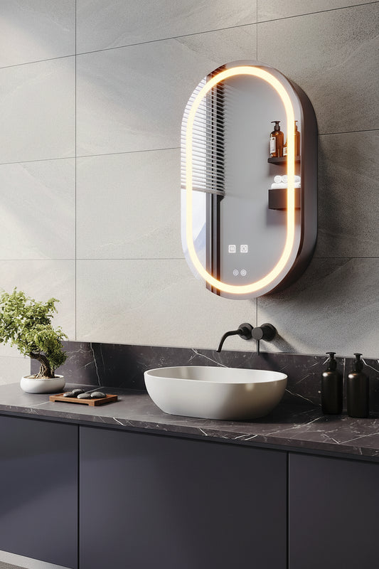 400mm x700mm x140mm Oval LED Mirror Cabinet with shaver / electric toothbrush socket