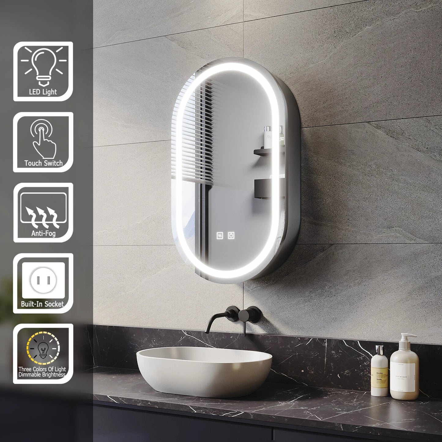 400mm x700mm x140mm Oval LED Mirror Cabinet with shaver / electric toothbrush socket