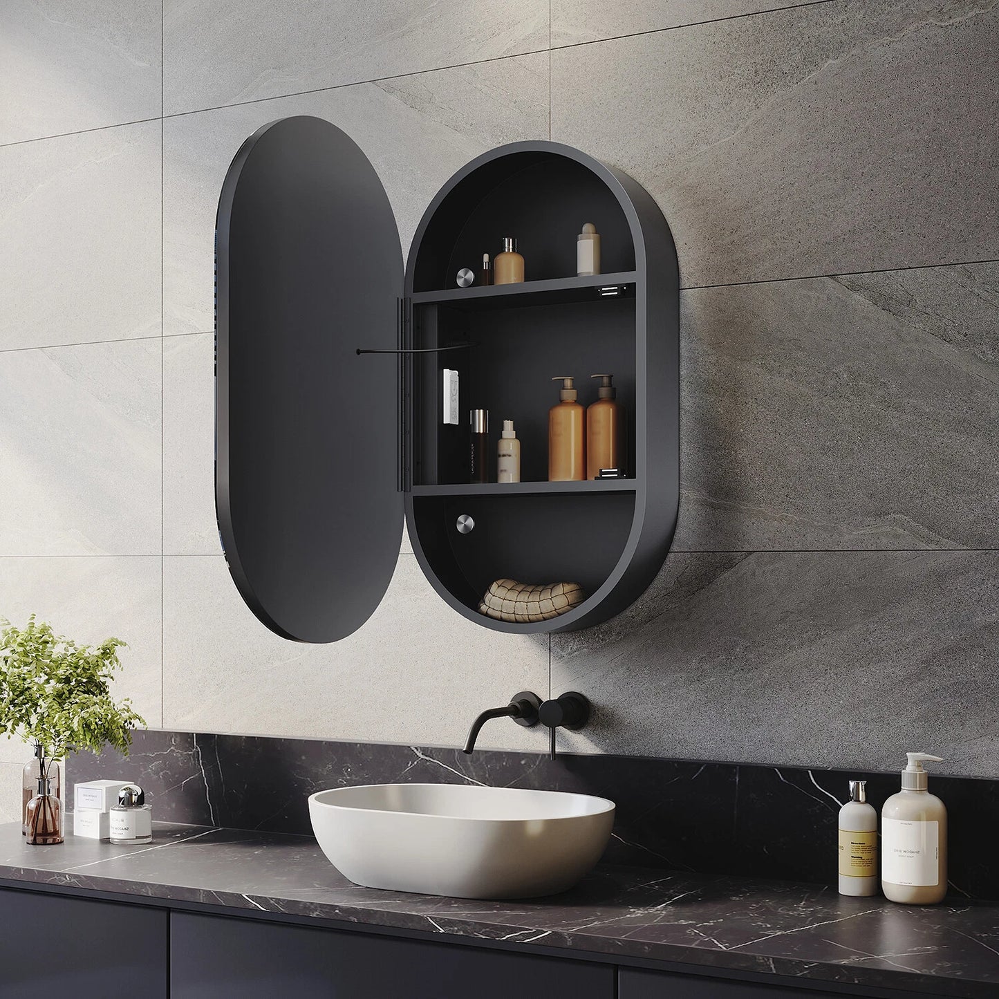 400mm x700mm x140mm Oval LED Mirror Cabinet with shaver / electric toothbrush socket