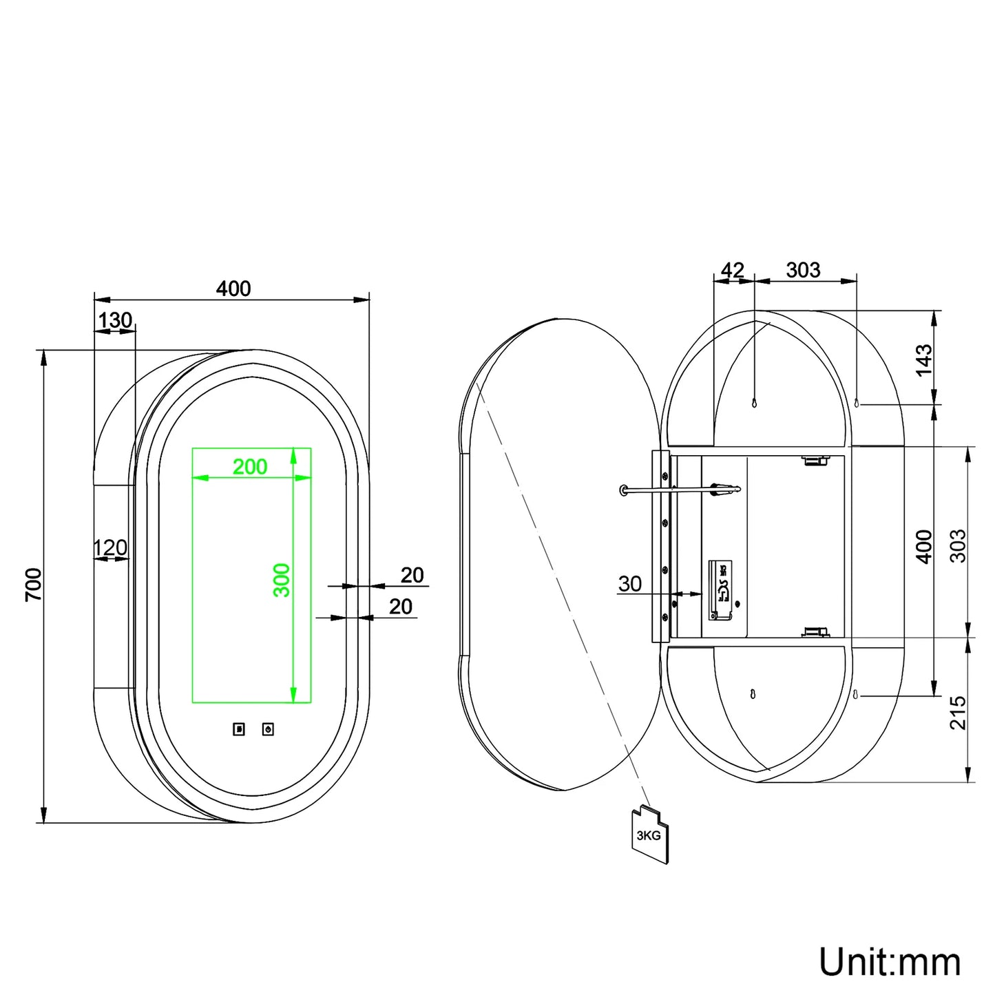 400mm x700mm x140mm Oval LED Mirror Cabinet with shaver / electric toothbrush socket