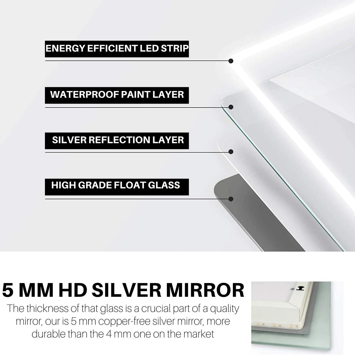500x700 mm LED Mirror with Bluetooth & Shaver Socket Anti Fog Horizontal /Vertical
