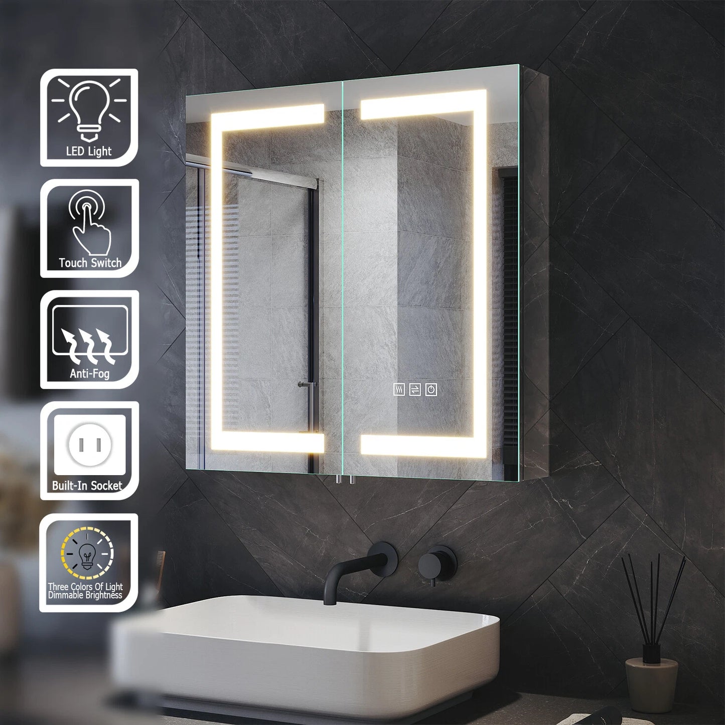 630mm Double Door LED Mirror cabinet  Shaver Socket Anti Fog Horizontal