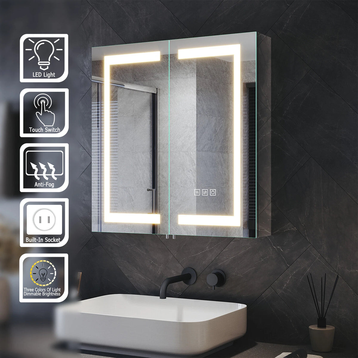 630mm Double Door LED Mirror cabinet Shaver Socket Anti Fog Horizontal