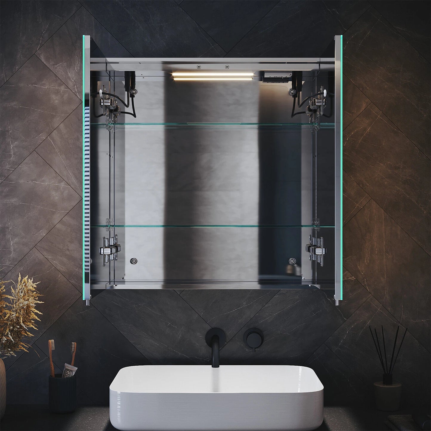 630mm Double Door LED Mirror cabinet  Shaver Socket Anti Fog Horizontal